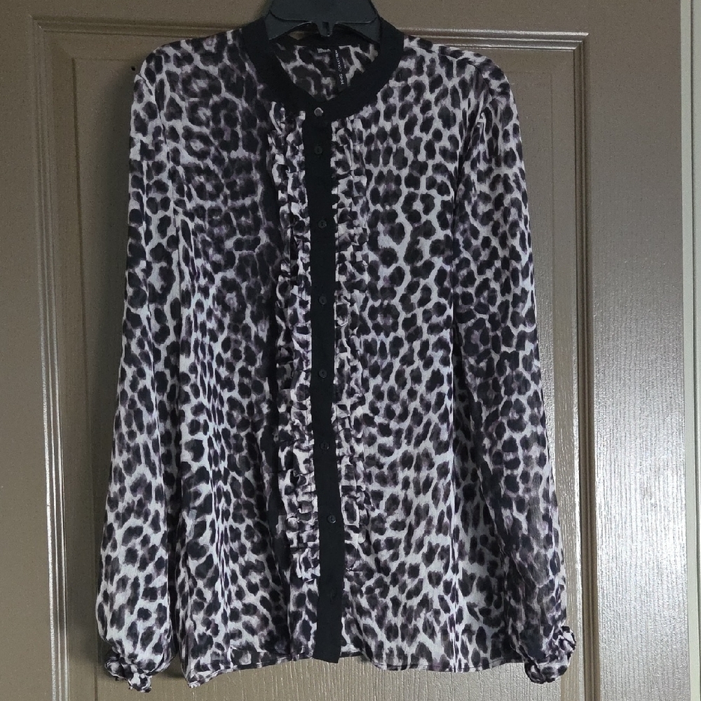 Mango Black and White Animal Print Blouse